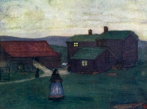 Norge: Bondegårde bygget af polakker (farve litho) af Nico Jungman
