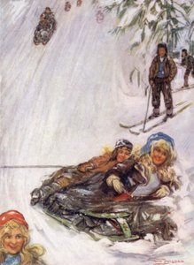Norge: Piger på væltet slæde, Holmencollen (farve litho) af Nico Jungman
