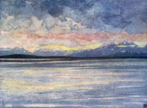Norge: Bjerge og fjord mod Molde (farve litho)