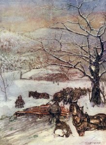 Norge: Sneplov tegnet af otte eller ti heste (farve litho)