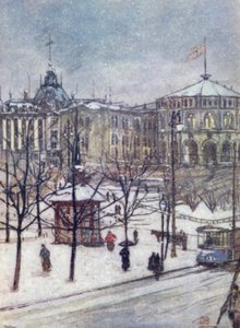Norge: Stortingets huse (Storthing), Christiania (farve litho) af Nico Jungman