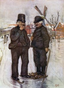 Gamle hollændere på skøjter (farve litho) af Nico Jungman