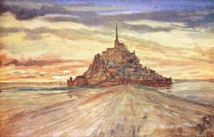 Mont St Michel, solnedgang (farvelitografi)