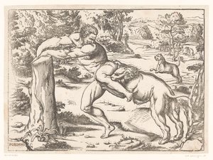 Milo af Croton angrebet af en løve af Nicolò Boldrini (attributed to)