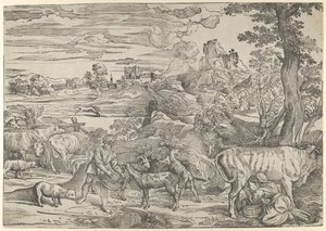 Landskab med en malkepige til højre og en dreng til venstre, ca. 1535-40., ca. 1535-40.