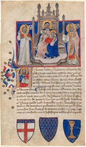Madonna og barn på tronen mellem de hellige Petronius og Alle (Eligius); Kristus i indledende A af Nicolò da Bologna