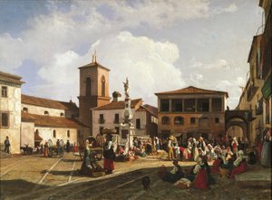 Benevento (Campania-regionen), Orsini-pladsen med katedralens klokketårn og springvandet dedikeret til pave Orsini (olie på lærred) af Nicola Palizzi