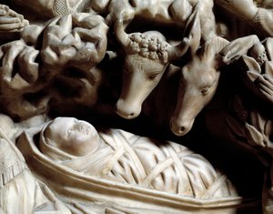 Kunst og gotisk arkitektur: Fødselen - Detalje af basreliefferne af marmorskrivebordet, som Nicola Pisano (1215/20-1278/84) lavede mellem 1266 og 1268 (Marmorprædikestoldetaljer, fødselsdag) Cathedrale Notre-Dame-de-l 