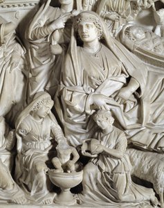La nativite (nativity) Detail Stol udført af Nicola Pisano (1215 / 20-1278 / 84) (Marmorprædikestol) 1260 Baptistere Saint John of Pisa (Battistero san Giovanni di Pisa), Italien