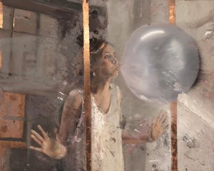 Bubble V (Girl behind the Window), 2020 (olie på kobber)