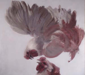 Lodrette haner II, 2003 (olie på lærred) af Nicola Pucci