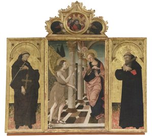 Bebudelse mellem de hellige Johannes Gualbert og Benedikt, ca. 1500-05 (triptyk på panel) af Nicola de Maestro Antonio