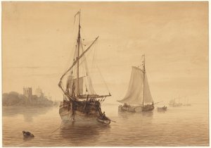 Flodlandskab med nogle skibe af Nicolaas Johannes Roosenboom