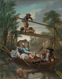 De hengelaars Genrescene med elegant ungt par i et landskab af Nicolaas Verkolje
