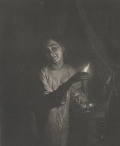 Ung kvinde holder et lys i et sengekammer, 1690-1715., 1690-1715. af Nicolaas Verkolje