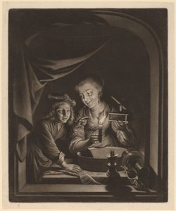 Stuepige med en musefælde af Nicolaas Verkolje after Gerrit Dou