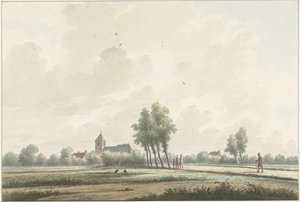 Et landskab med en kirke i horisonten