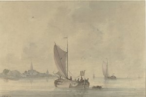 Sejlpramme på vandet foran en hollandsk by