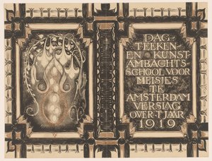 Banddesign til: Dagens rapport Tegne- og kunsthåndværksskole for piger i Amsterdam omkring år 1919 af Nicolaas van de Vecht