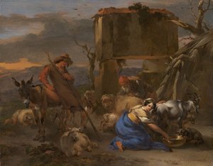 Pastoral scene med en hyrdinde, der malker en ged, 166570.