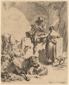 Hyrden siddende på en fontæne og spinneren, 1652.