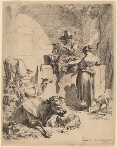 Hyrden siddende på en fontæne og spinneren, 1652.