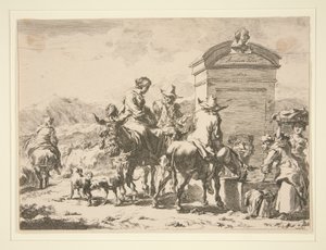Uden titel - Genrescene med mennesker på æsler og en gravsten af Nicolaes Berchem