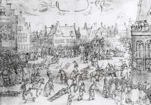 Krudtkonspiratorernes død, 31. januar 1606 (kobberstik) af Nicolaes Jansz (1586-1652) Visscher