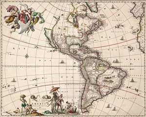 Kort over Nord- og Sydamerika, ca. 1671 (koloreret stik) af Nicolaes Jansz (1586 1652) Visscher
