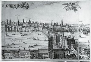 UK, England, Udsigt over London City med London Bridge af Nicolaes Jansz (1586 1652) Visscher