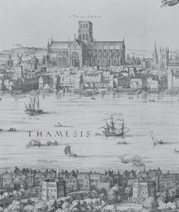 Panorama over London og Themsen, detalje fra del to, der viser St. Pauls Cathedral og Globe Theatre, ca. 1600 graveringsdetalje af 7214