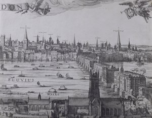 Panorama over London og Themsen, del tre viser Southwark, London Bridge og kirkerne i byen, ca. 1600 (se også 7214, 64730 og 64732)