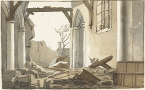 Sammenstyrtet tårn af kirken i 