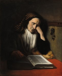 En gammel kvinde døser over en bog, ca. 1655.