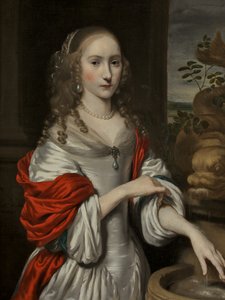 Portræt af en ung pige, stående nær et springvand af Nicolaes Maes