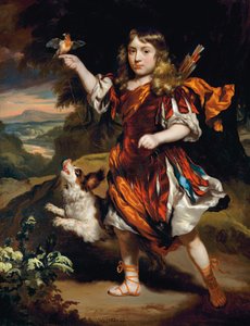 Portræt af en dreng, som Daifilo, i en rød surcoat over en sølvkåbe, med en orange kappe, en fugl hvilende på hans højre hånd, hans hund ved siden af ham, i et landskab af Nicolaes Maes