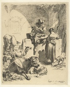 Fløjtespillende hyrde og spinner af Nicolaes Pietersz Berchem