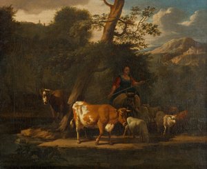 Hyrdinde med køer under et træ af Nicolaes Pietersz. Berchem