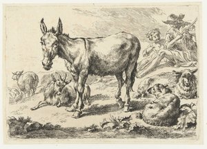 Landskab med æsel, får, ged og hyrder Dyr (serietitel) af Nicolaes Pietersz Berchem