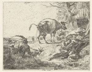 Sovende hyrdefamilie og hvilende husdyr af Nicolaes Pietersz Berchem