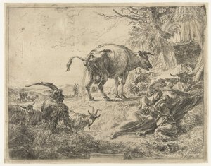 Sovende hyrdefamilie og hvilende husdyr af Nicolaes Pietersz Berchem