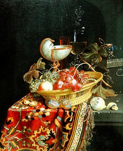 Et stilleben med frugter i en kurv og en Nautilus-kop af Nicolaes Van Gelder
