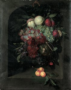 Swag af druer, ferskner, blommer og kirsebær med en snegl i en stenniche med en flok abrikoser og bi på en afsats, 1666 af Nicolaes Van Gelder
