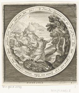 Tredje skabelsesdag: Gud skaber jord og frødannende planter og træer med frugter, der bærer frø Fra skabelse til uddrivelse fra paradis (serietitel) af Nicolaes de Bruyn