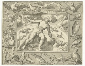 Element af luft som ung mand på skyer mellem flyvende fugle Aer (titel på objekt) De fire elementer (serietitel) af Nicolaes de Bruyn