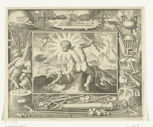 Element af ild som ung mand med lyn Ignis (titel på objekt) De fire elementer (serietitel) af Nicolaes de Bruyn
