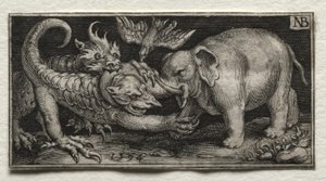 Elefant kæmper mod to udyr af Nicolaes de Bruyn
