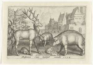 Hjorte, pindsvin, får, frøer og gris Animalivm qvadrvpedvm (serietitel) Dyr i landskaber (serietitel) af Nicolaes de Bruyn