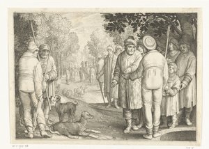 Josef bliver solgt af sine brødre til købmænd ved brønden Historien om Joseph (serietitel) af Nicolaes de Bruyn