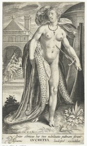 Lucretia met dolk tegen haar borst Blandt de etniske grupper bærer disse tre adelens håndflade, Lucretia (titel på objektet) af Nicolaes de Bruyn